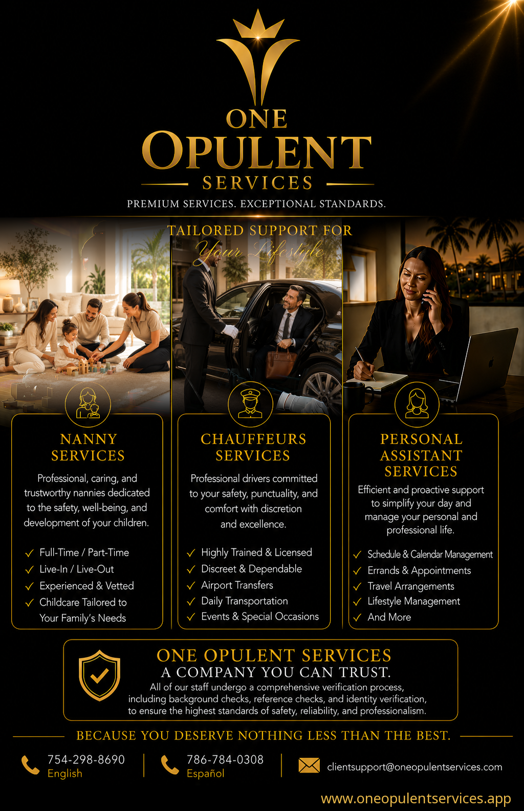 One Opulent Services brochure — nanny, chauffeur and personal assistant services